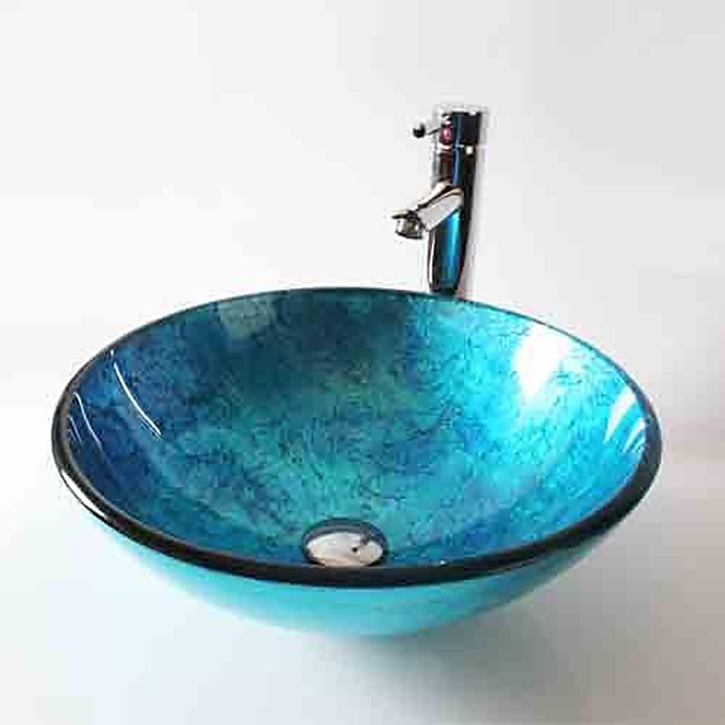 Round Artistic Vanity Basin Sink Bathroom Vessel Tempered Glass Bowl 16.5 inch Art Wash Basin Mixer Faucet Set with Pop-up Drain Boat Shape Countertop Above Counter Washroom 2025 - CAD $328.99 –P10