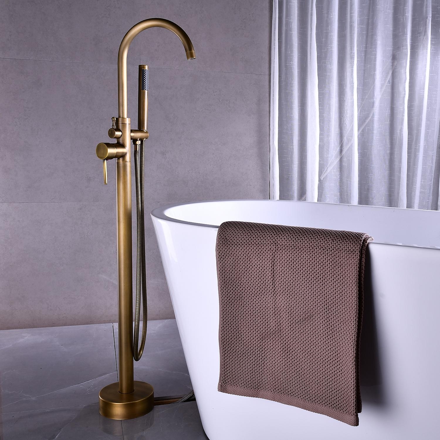 Bathtub Faucet Floor Mount Freestanding Bath Tub Filler Mixer Taps Brass 360 Swivel High Arc Spout Standing Shower Clawfoot Tub with Handheld Shower Mixer Taps 2025 - CAD $295.99 –P13