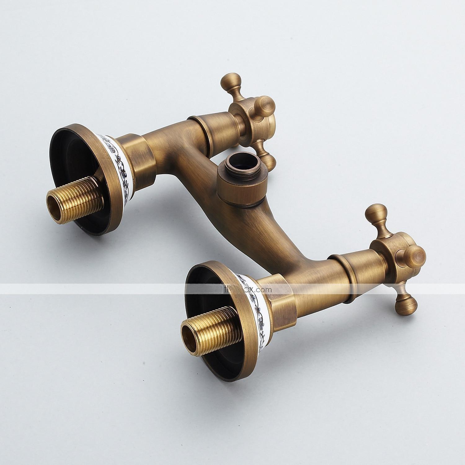 Shower Faucet Set - Handshower Included pullout Vintage Style / Country Antique Brass Mount Outside Ceramic Valve Bath Shower Mixer Taps / Two Handles One Hole 2025 - CAD $151.99 –P5