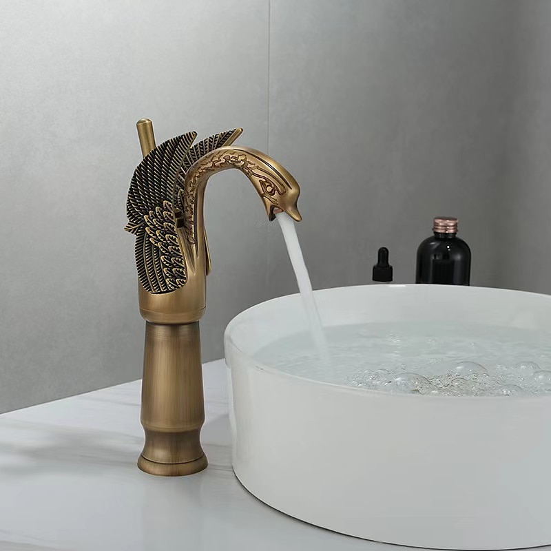Vintage Bathroom Sink Mixer Faucet Brass Swan Shap, Monobloc Washroom Basin Taps Single Handle One Hole Deck Mounted, Mono Water Vessel Tap Hot and Cold Hose Antique Retro 2025 - CAD $124.78 –P5