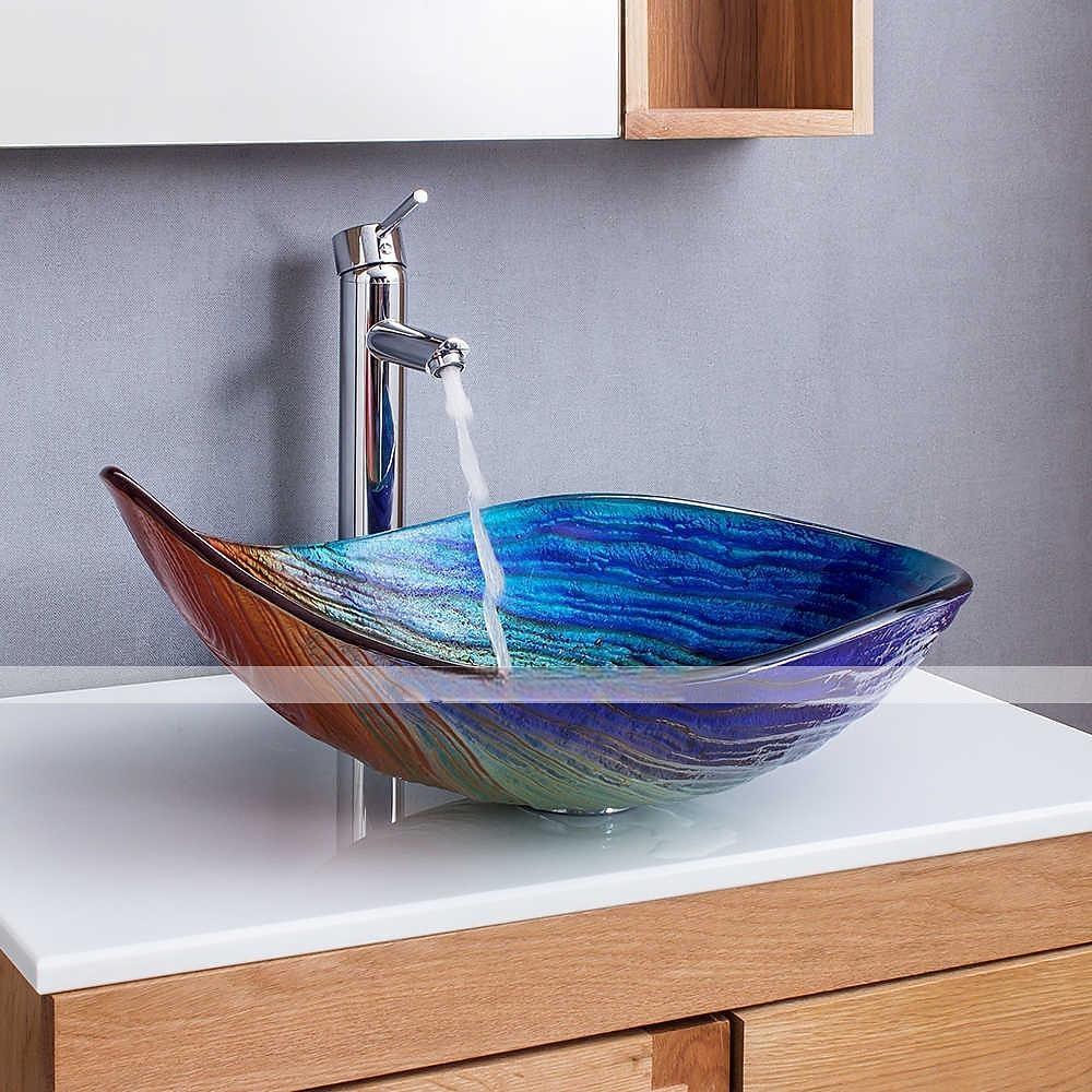 Bathroom Vessel Sink Rectangular 21"x15" Sink Mixer Faucet and Drain Combo with Pop-up Drain Boat Shape Color Tempered Glass Artistic Vanity Sink Bowl Above Counter Washroom Sink Art Wash Basin 2025 - CAD $366.99 –P6