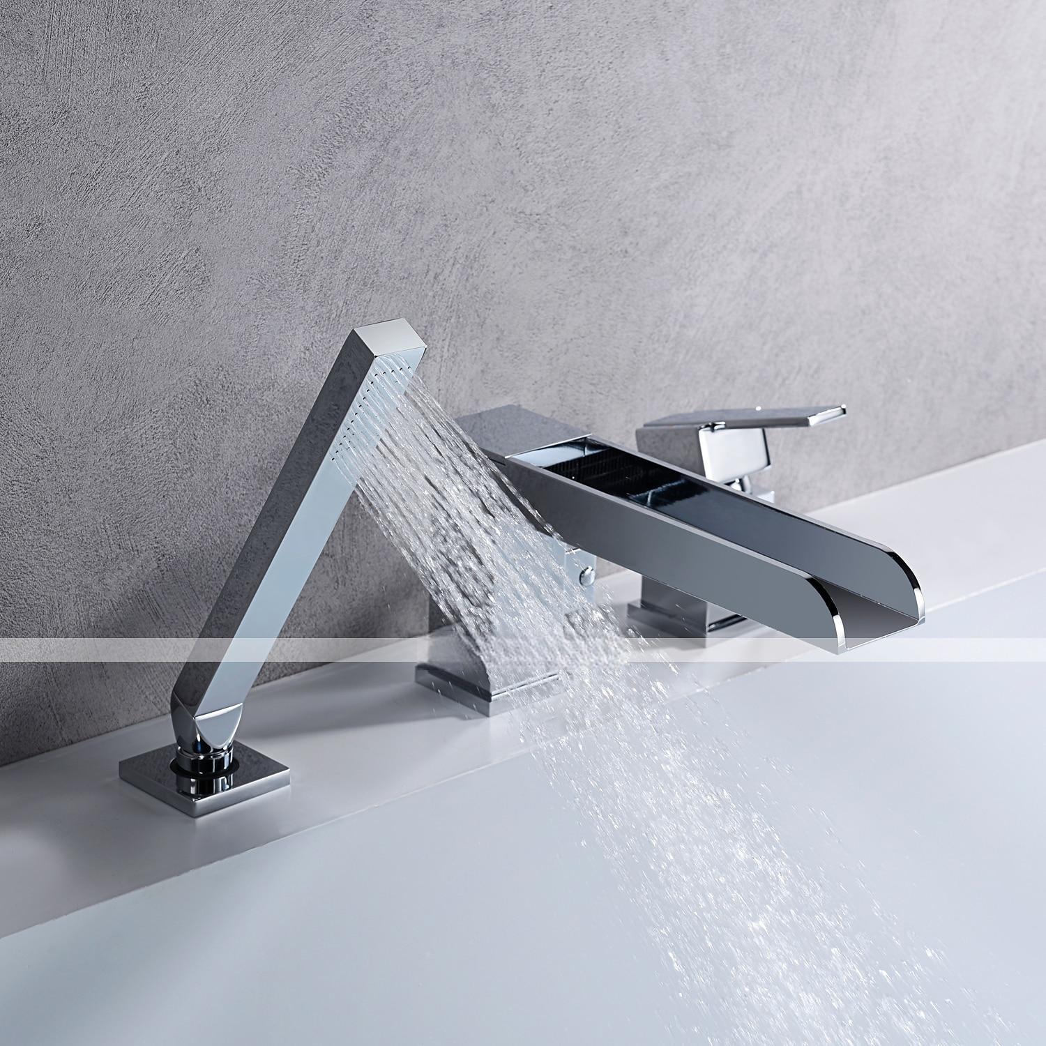 Bathtub Faucet Waterfall Long Spout Bath Tub Filler Mixer Taps Golden with Heldhand Shower 60 inch Hose 3 Hole 2 Handle Deck Mounted Widespread Bathroom 2025 - CAD $366.99 –P12