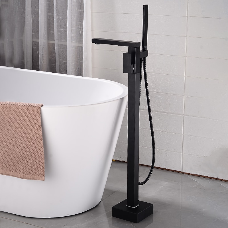 Freestanding Bathtub Faucet 360° Swivel Spout Floor Mount Standing Tub Filler Single Handle Brass Tap with Hand Shower Sprayer 2025 - CAD $446.99 –P5