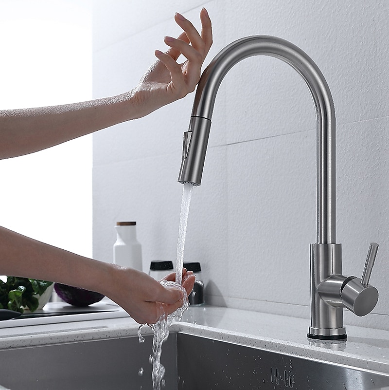 Touchless Sensor Kitchen Sink Faucet Stainless Steel with Pull Out Sprayer Touch On Single Handle Kitchen Vessel Tap with Pull Down 2 Modes Spray Fingerprint Resistant Brushed Nickel Deck Mounted 2025 - CAD $151.99 –P7