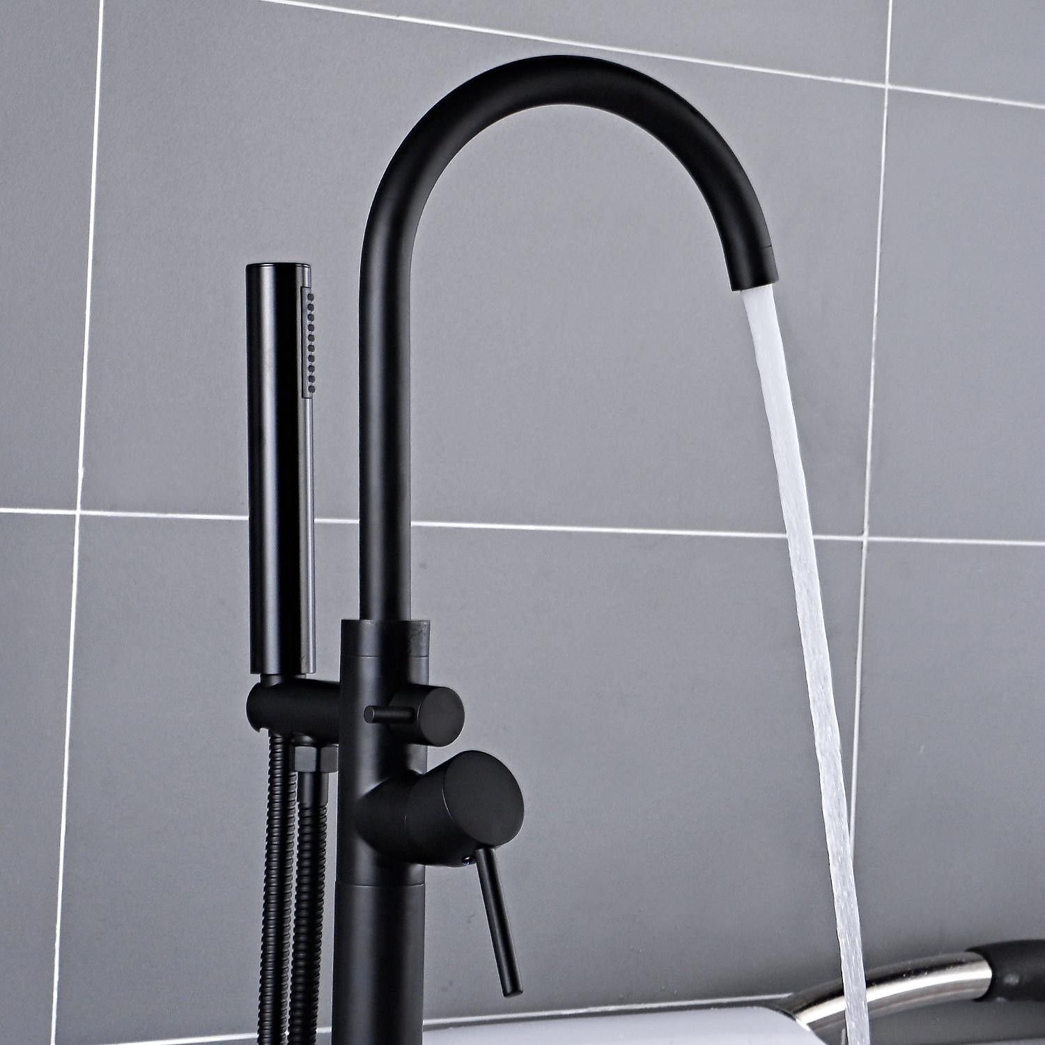 Bathtub Faucet Floor Mount Freestanding Bath Tub Filler Mixer Taps Brass 360 Swivel High Arc Spout Standing Shower Clawfoot Tub with Handheld Shower Mixer Taps 2025 - CAD $295.99 –P6