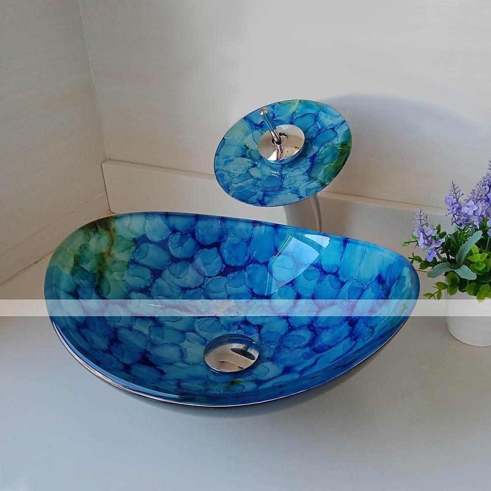 Bathroom Vessel Sink Set Rectangular 16"x13" Sink Mixer Faucet and Drain Combo with Pop-up Drain Boat Shape Color Tempered Glass Artistic Vessel Vanity Sink Bowl Above Counter Sink Art Wash Basin 2025 - CAD $366.99 –P5