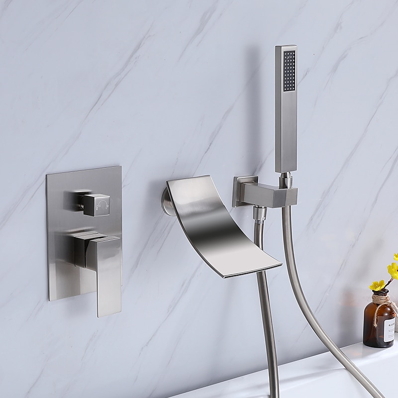 Wall Mounted Bathtub Faucet with Hand Shower Modern Wall Installation with Ceramic Valve Bathtub Filling Shower Mixer Faucets Single Handle Cascading Faucet 2025 - CAD $398.99 –P5