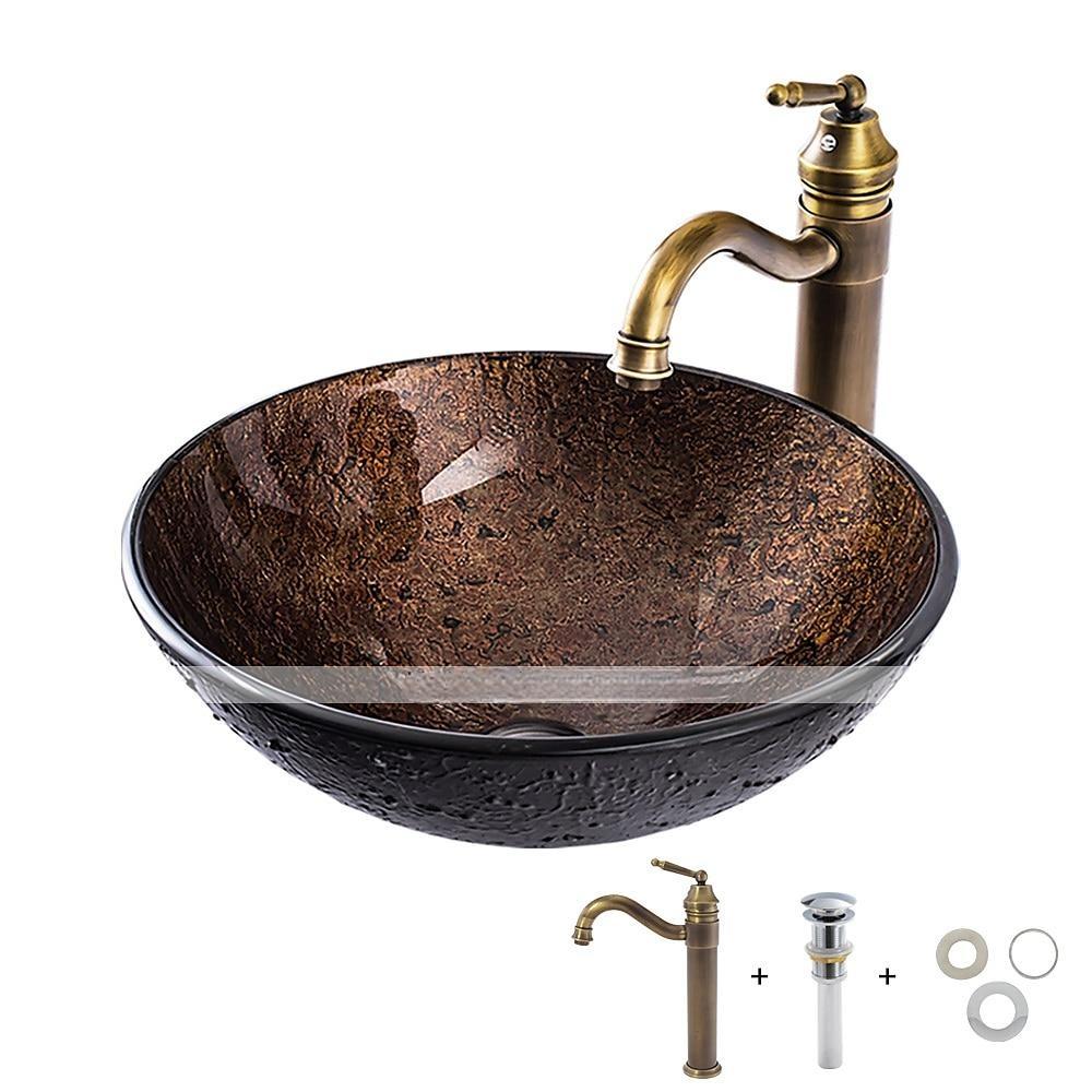 16.5 inch Bathroom Vessel Sink with Faucet Vintage Brass Antique Tempered Glass Basin with Pop-Up Drain Countertop Artistic Round Basin Bowl Set Above Counter Vanity Sink 2025 - CAD $398.99 –P4