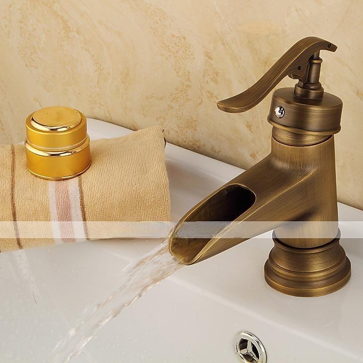Bathroom Sink Faucet,Waterfall Antique Brass Single Handle One Hole Bath Taps with Hot and Cold Switch 2025 - CAD $87.99 –P14