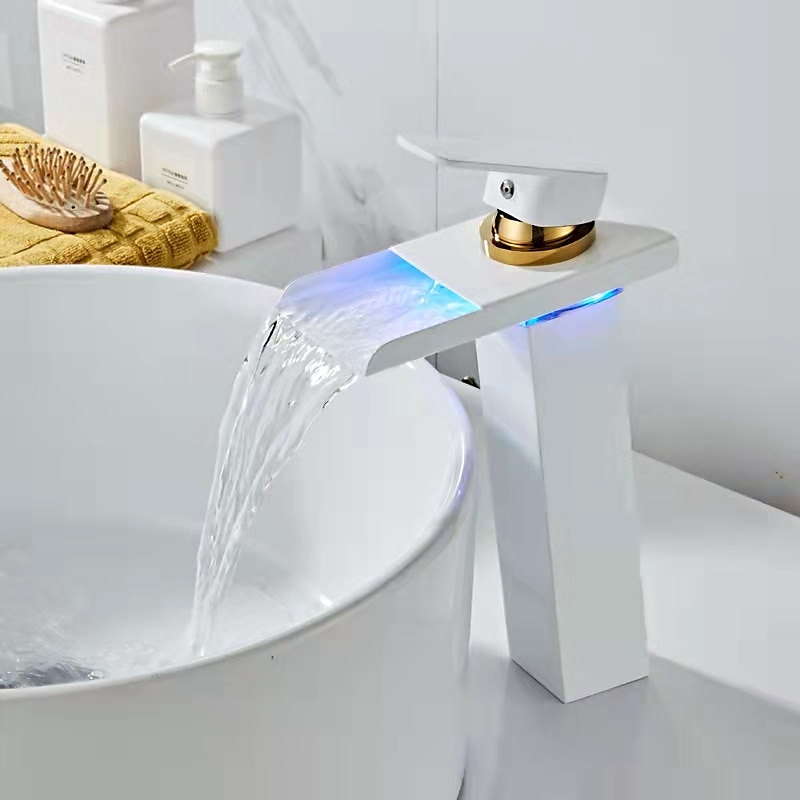 Bathroom Vessel Faucet Tall LED Waterfall Spout 3 Color Changes with Temperature, Sink Mixer Mono Basin Taps, Single Handle One Hole Brass Washroom Vessel Tap Deck Mounted 2025 - CAD $143.99 –P8