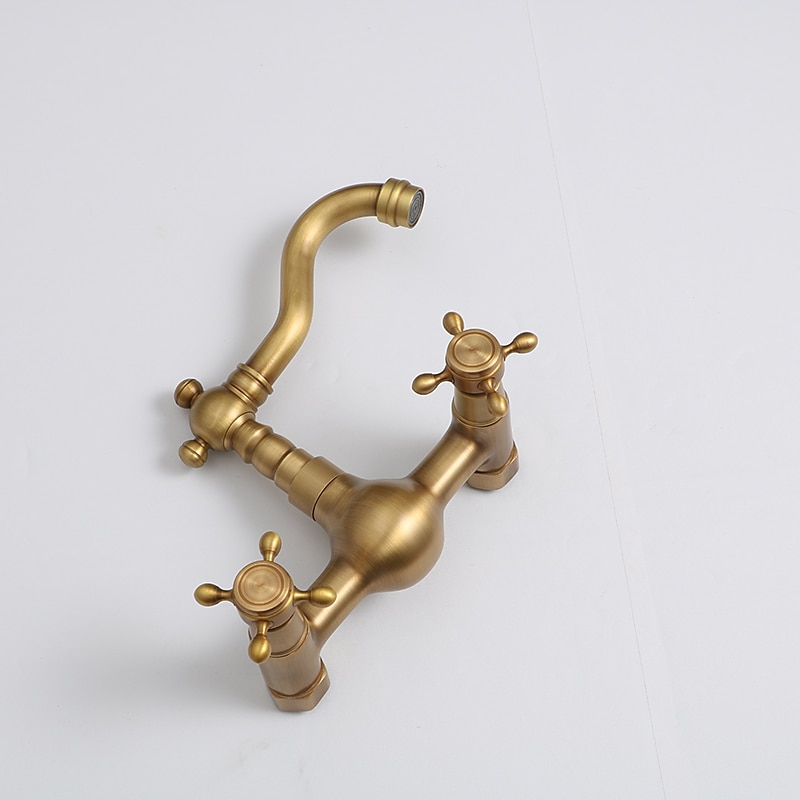 Traditional Kitchen Sink Mixer Taps Wall Mounted Brass Vintage Retro Kitchen Faucet Twin Lever Standard Spout Vessel Tap 2025 - CAD $87.99 –P2