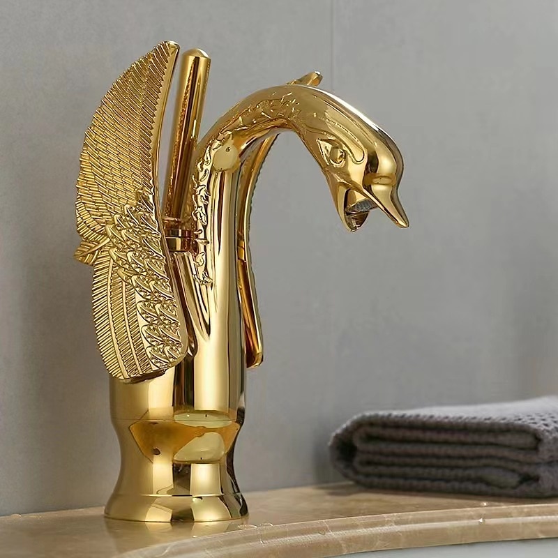 Vintage Bathroom Sink Mixer Faucet Brass Swan Shap, Monobloc Washroom Basin Taps Single Handle One Hole Deck Mounted, Mono Water Vessel Tap Hot and Cold Hose Antique Retro 2025 - CAD $124.78 –P12