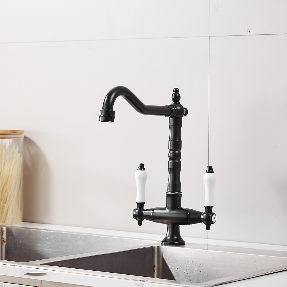 Twin Lever Traditional Kitchen Sink Mixer Taps, Dual Lever Cold and Hot Faucet Deck Mounted, 360° Swivel Spout Sink Tap with 2 Ceramic Handles, Antique Brass Classic Double Handle for Kitchen Bathroom 2025 - CAD $111.99 –P8