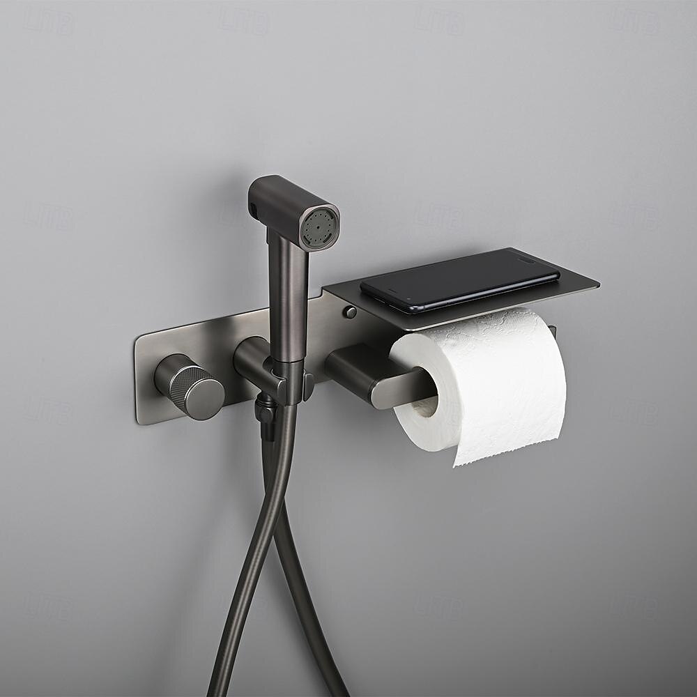 Brushed Gold Bidet Sprayer Concealed Button Brass Valve with Commodity Shelf Paper Holder Plastic Sprayer PVC Hose Grey 2025 - CAD $283.18 –P2