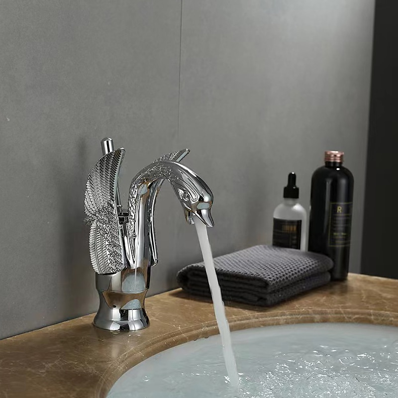 Vintage Bathroom Sink Mixer Faucet Brass Swan Shap, Monobloc Washroom Basin Taps Single Handle One Hole Deck Mounted, Mono Water Vessel Tap Hot and Cold Hose Antique Retro 2025 - CAD $124.78 –P14