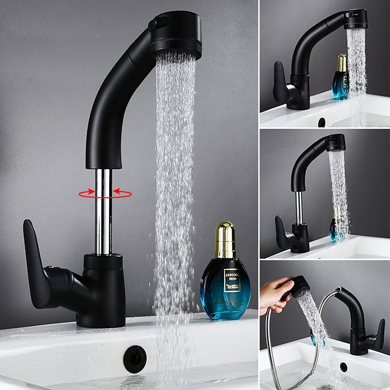 Matte Black Bathroom Basin Faucet Pull Out Spout Rotatable Liftable Body Deck Mounted Hot and Cold Water Mixer Tap 2025 - CAD $87.99 –P1