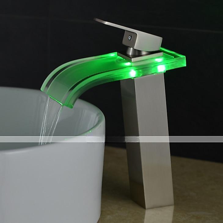 LED Bathroom Sink Mixer Faucet Waterfall Spout 3 Color Temperature, Tall Vessel Taps Single Handle One-hole Monobloc Basin Taps Washroom 2025 - CAD $127.99 –P1