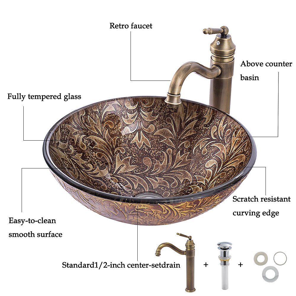 Vintage Bathroom Vessel Sink Set Round 16.5"x5.7" Sink Mixer Faucet and Drain Combo with Pop-up Drain Boat Shape Tempered Glass Artistic Vessel Vanity Sink Bowl Above Counter Sink Art Wash Basin 2025 - CAD $287.99 –P2