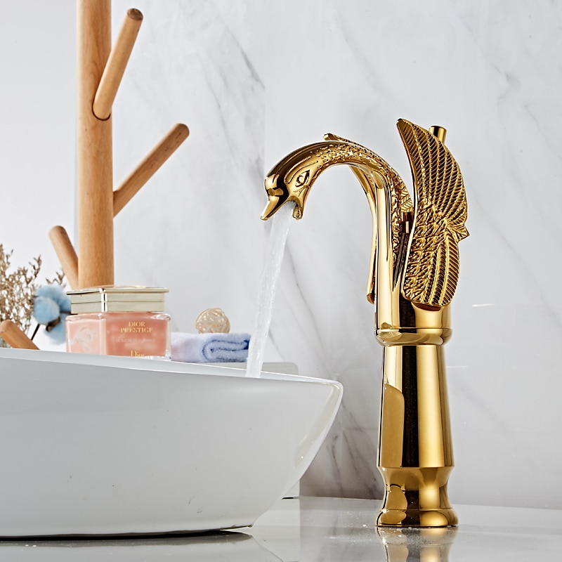 Retro Bathroom Sink Mixer Faucet Brass Swan Shap, Monobloc Washroom Basin Taps Single Handle One Hole Deck Mounted, Mono Water Vessel Tap Hot and Cold Hose Antique 2025 - CAD $143.99 –P16