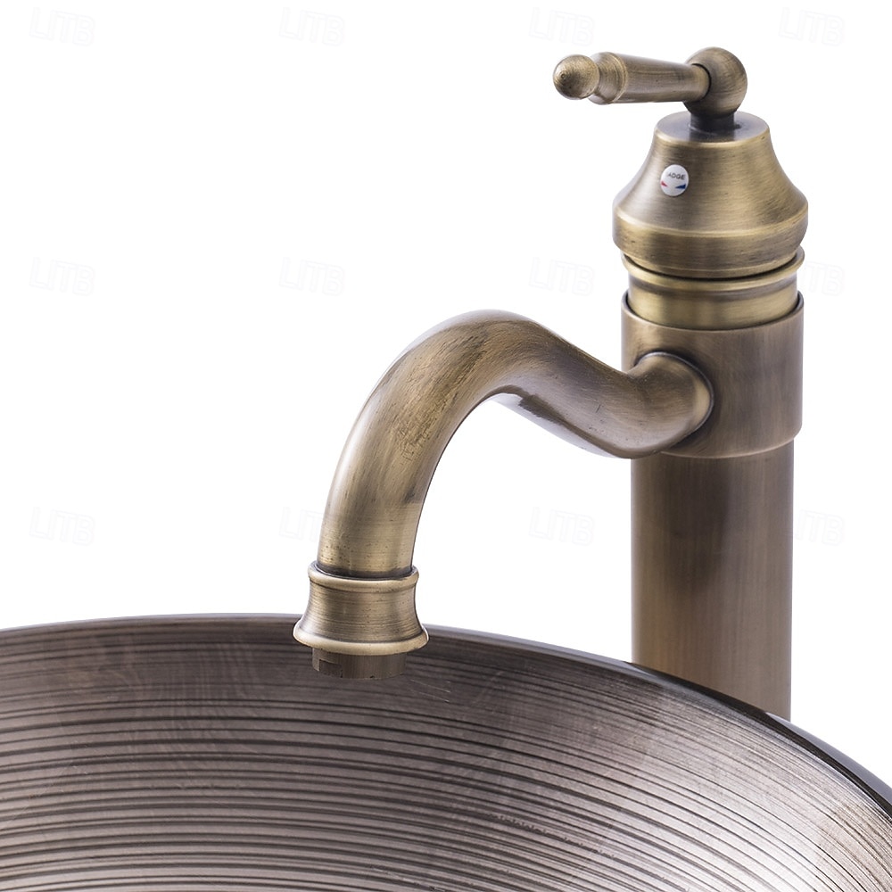 Vessle Sink Circular Stripe Design Basin Modern Tempered Glass Vessel Sink for Bathroom Bathroom Sink Set with Vintage Faucet 2025 - CAD $366.99 –P3