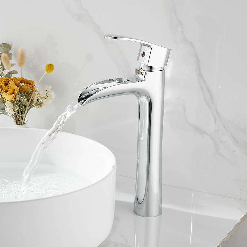 Waterfall Bathroom Sink Mixer Faucet Chrome, Tall Basin Mixer Taps Brass, Single Handle One Hole Tap with Hot and Cold Hose Deck Mounted Vessel Water Tap 2025 - CAD $87.99 –P2