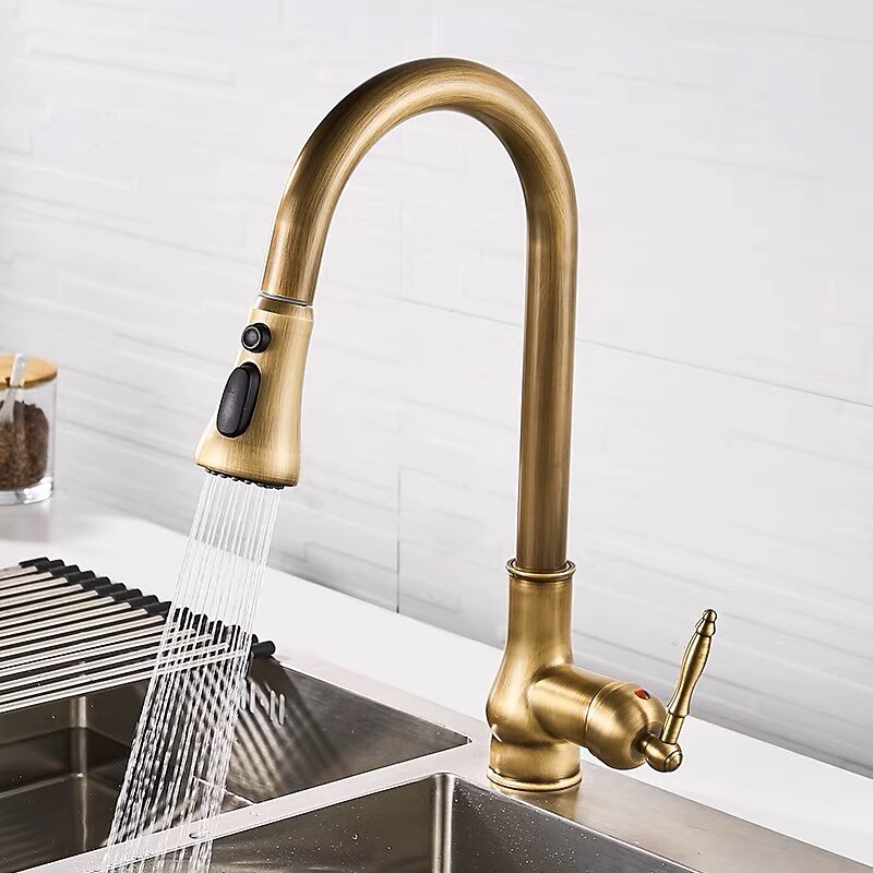 Kitchen Faucet Pull Out Sink Mixer Taps 360 Degree 2 Mode Sprayer Vintage Brass Vessel Tap with Cold and Hot Hose 2025 - CAD $135.99 –P1