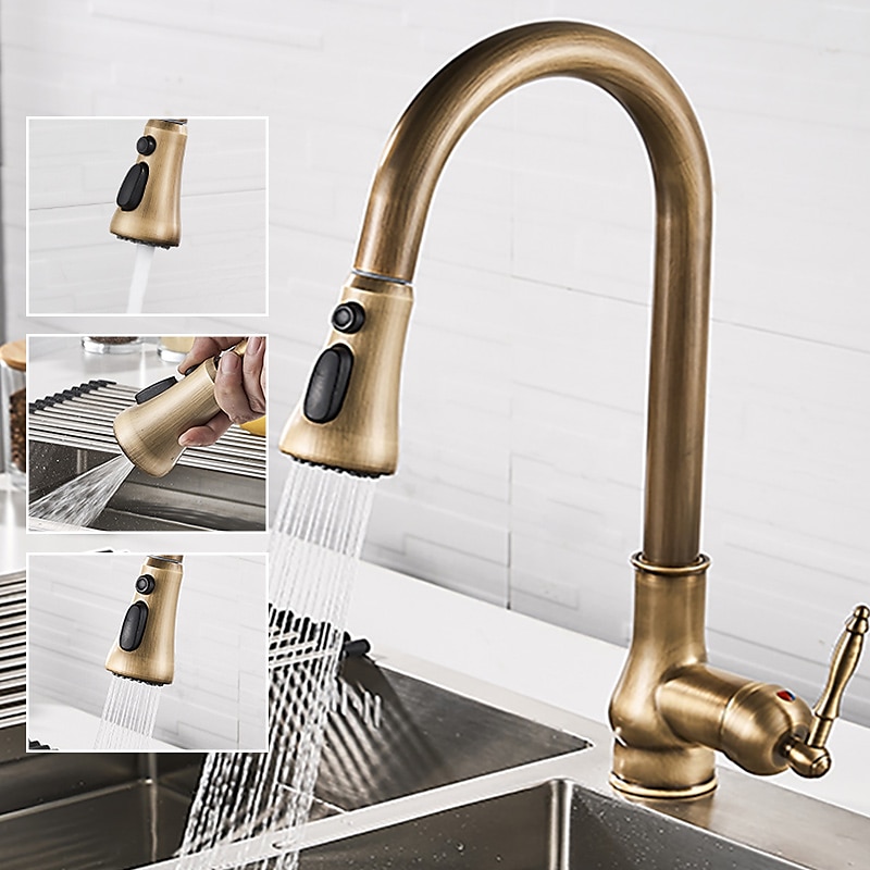 Kitchen Faucet with SprayerAntique Brass Pull-out 3-Function Outlet Mode Single Handle One Hole Sink Kitchen Taps with Soap Dispenser or Drain 2025 - CAD $175.99 –P5