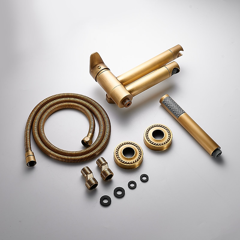 Vintage Bathtub Faucet Dual Spout Wall Mounted Golden Bath Tub Filler Mixer Brass Tap with Heldhand Showerhand Ceramic Valve Single Handle Control 2025 - CAD $143.99 –P1