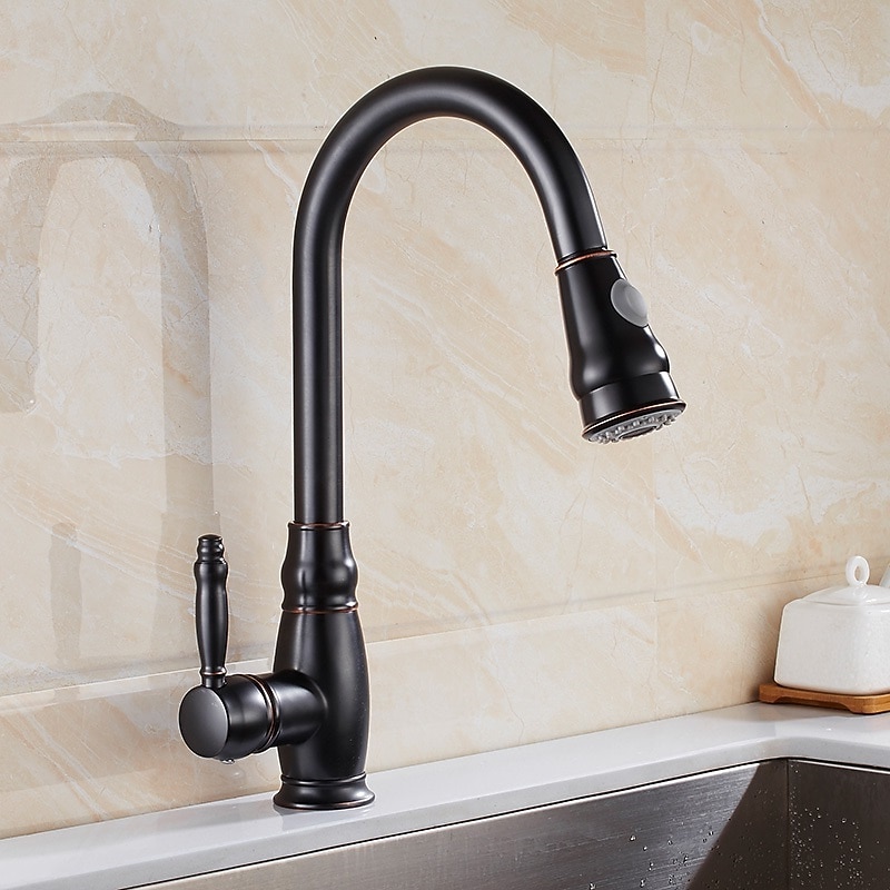Kitchen Sink Mixer Faucet with Pull Out Sprayer High Arc Brass Silver/Coffee Single Handle One Hole Oil-rubbed Bronze Pull Down Tall Kitchen Taps with Hot and Cold Water Hose 2025 - CAD $159.99 –P11