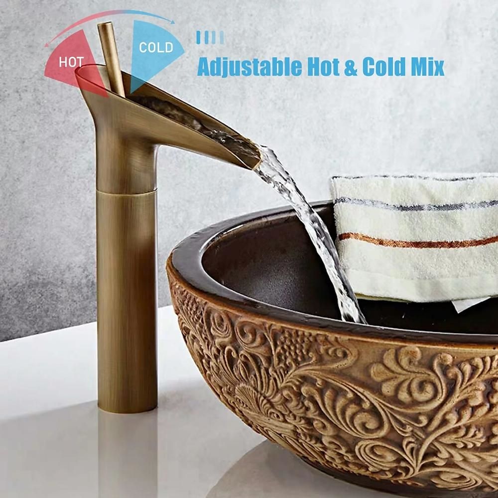 Bathroom Sink Mixer Faucet Waterfall Traditional Antique Brass, Retro Style Washroom Basin Taps Single Handle One Hole Deck Mounted, Monobloc Bathroom Faucet with Hot and Cold Hose 2025 - CAD $119.99 –P2