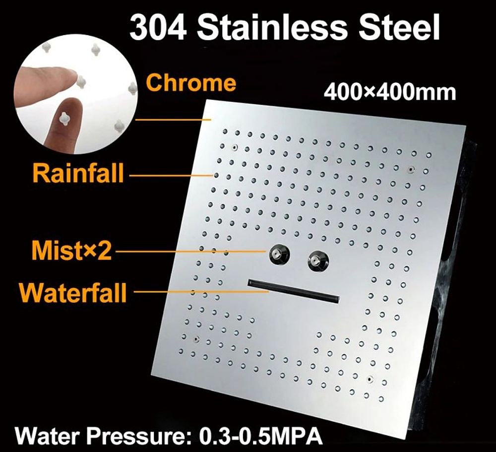 Concealed Rainfall Shower Head 400*400mm LED Light 16 Inch Ceiling Rainfall Showerhead 304 Stainless Steel Rain Shower 3 Functions Led Showerhead Square Spa Waterfall Showers Panel 2025 - CAD $558.99 –P1