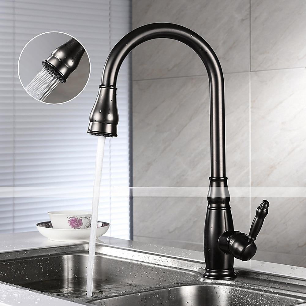 Kitchen Sink Mixer Faucet with Pull Out Sprayer High Arc Brass Silver/Coffee Single Handle One Hole Oil-rubbed Bronze Pull Down Tall Kitchen Taps with Hot and Cold Water Hose 2025 - CAD $159.99 –P3