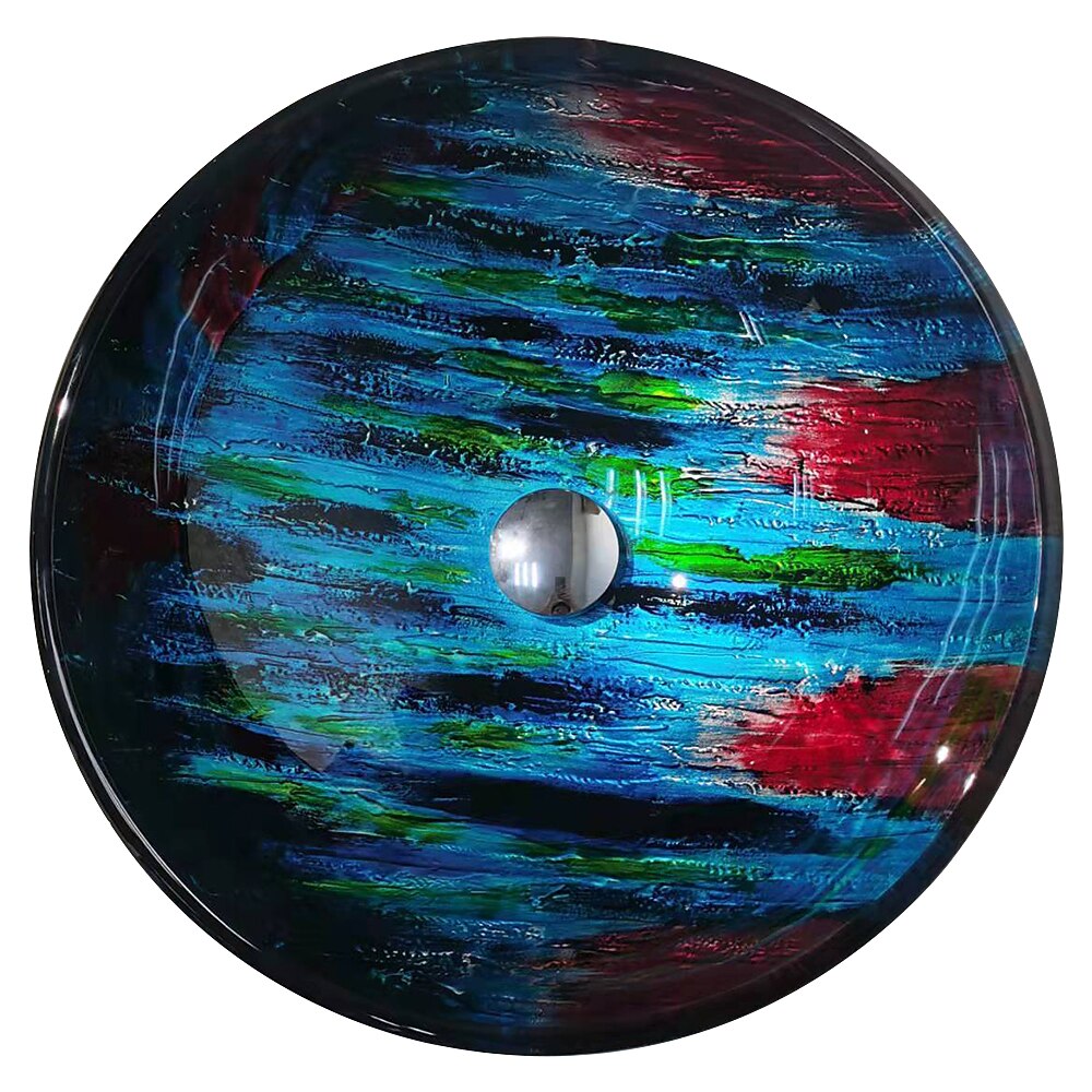 Red and Blue Color Tree Grain Round Basin Tempered Glass Wash Basin Without Faucet Suitable Waterfall Faucet Basin Holder 2025 - CAD $303.99 –P3