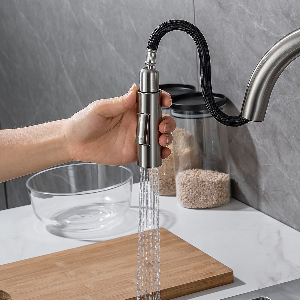 Kitchen Faucet with Pull-out SpraySingle Handle One Hole Brass High Arc 2-modes 360°Rotatable Modern Contemporary Kitchen Taps 2025 - CAD $207.99 –P12