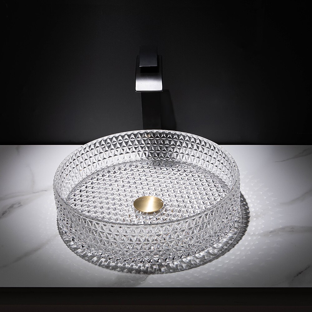 Bathroom Vessel Sink with Black Faucet Modern Clear Tempered Glass Basin with Pop-Up Drain Artistic Round Basin Bowl Set Above Counter Vanity Sink 2025 - CAD $478.99 –P5