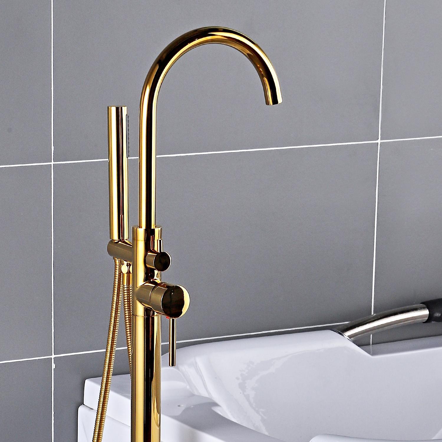 Bathtub Faucet Floor Mount Freestanding Bath Tub Filler Mixer Taps Brass 360 Swivel High Arc Spout Standing Shower Clawfoot Tub with Handheld Shower Mixer Taps 2025 - CAD $295.99 –P18