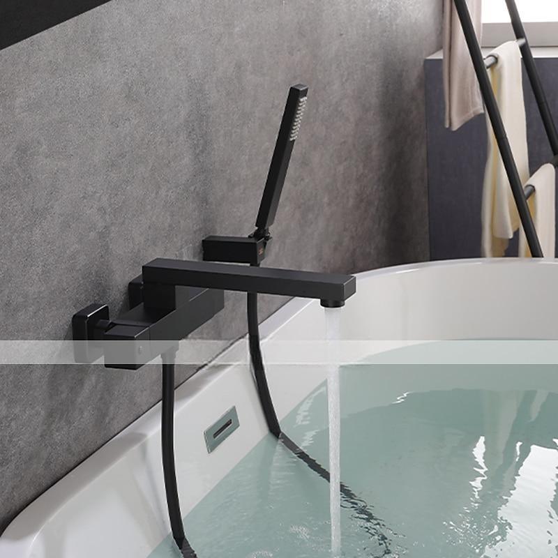 Bathtub Faucet Black Wall Mounted Bathroom Faucet Bath Roman Tub Filler Mixer Tap Brass 2 Hole Sprayer with Cold Hot Water Hose 2025 - CAD $446.99 –P10