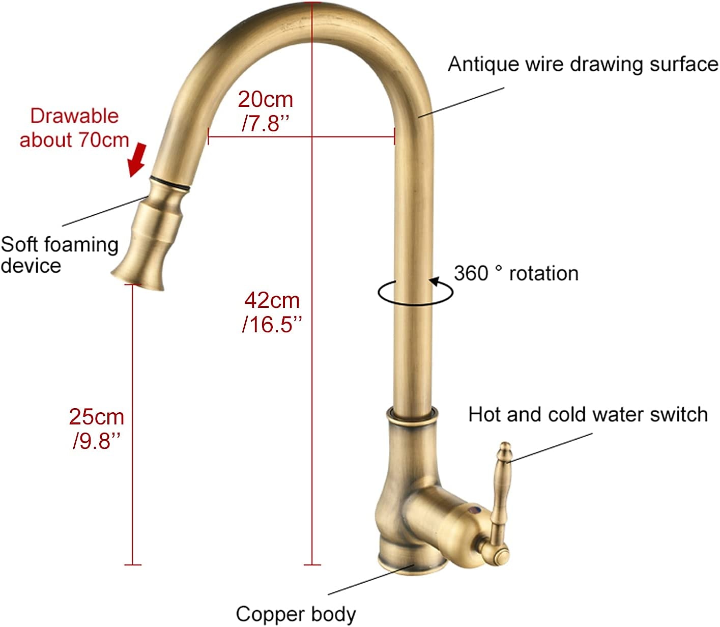Pull Out Kitchen Faucet Sink Mixer with Sprayer Antique 360° Swivel Single Handle One Hole Pull Down Kitchen Vessel Tap Deck Mounted with Hot and Cold Water Hose 2025 - CAD $167.99 –P2