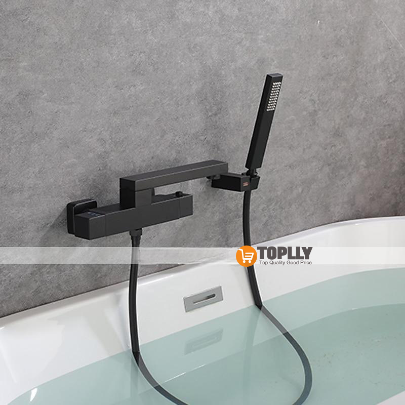 Bathtub Faucet Black Wall Mounted Bathroom Faucet Bath Roman Tub Filler Mixer Tap Brass 2 Hole Sprayer with Cold Hot Water Hose 2025 - CAD $446.99 –P8