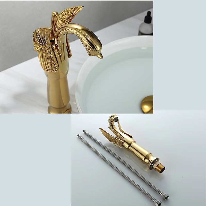 Vintage Bathroom Sink Mixer Faucet Brass Swan Shap, Monobloc Washroom Basin Taps Single Handle One Hole Deck Mounted, Mono Water Vessel Tap Hot and Cold Hose Antique Retro 2025 - CAD $124.78 –P2