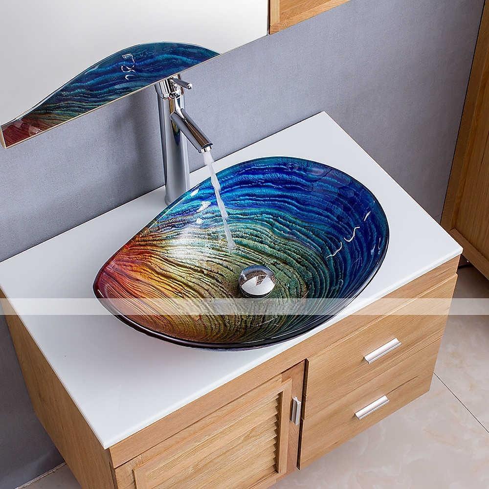 Bathroom Vessel Sink Rectangular 21"x15" Sink Mixer Faucet and Drain Combo with Pop-up Drain Boat Shape Color Tempered Glass Artistic Vanity Sink Bowl Above Counter Washroom Sink Art Wash Basin 2025 - CAD $366.99 –P5