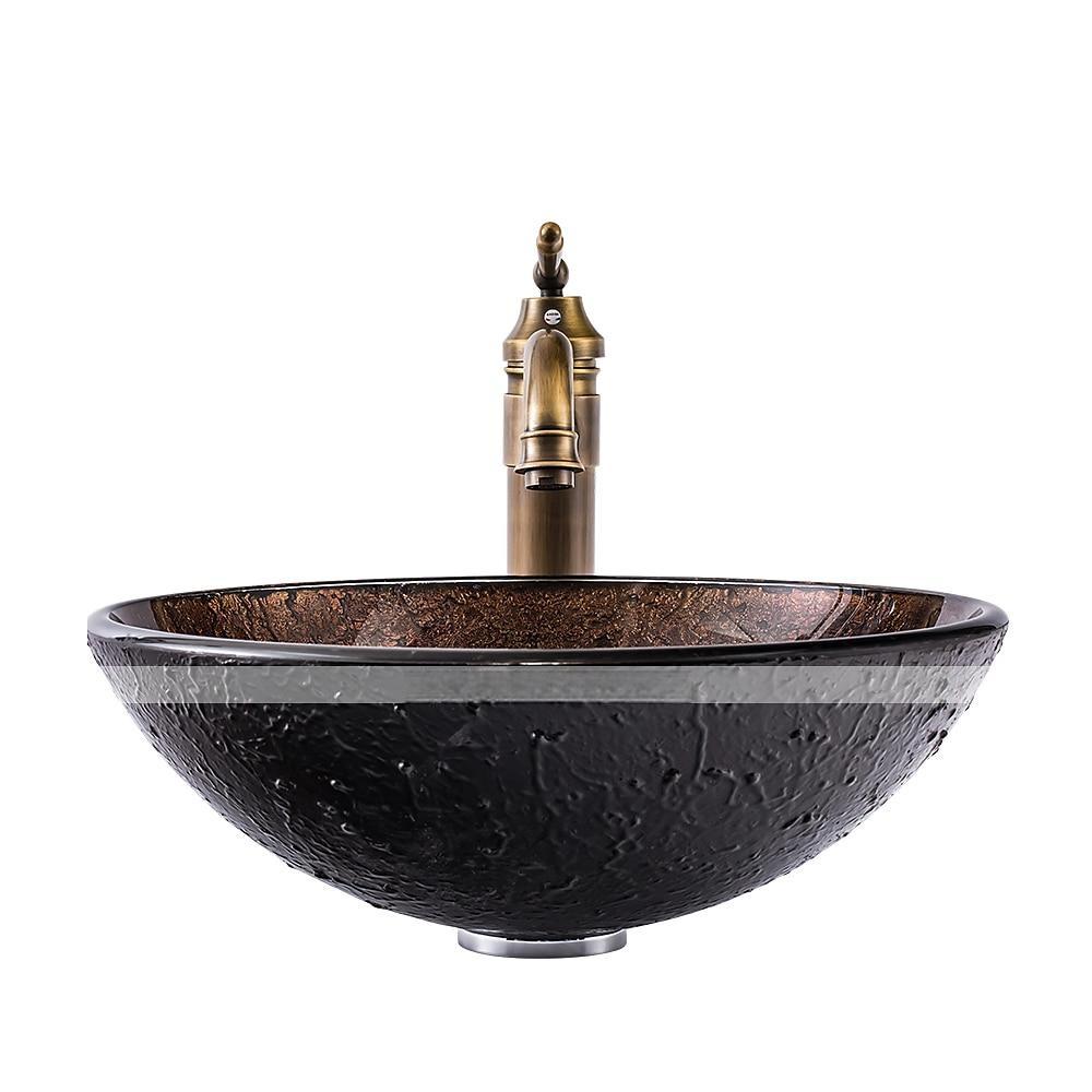 16.5 inch Bathroom Vessel Sink with Faucet Vintage Brass Antique Tempered Glass Basin with Pop-Up Drain Countertop Artistic Round Basin Bowl Set Above Counter Vanity Sink 2025 - CAD $398.99 –P5
