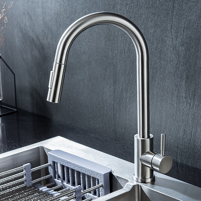 Kitchen Sink Mixer Faucet Stainless Steel with Pull Out Sprayer 360° Rotatable Multi-function Pull Down Single Handle Kitchen Vessel Tap Brushed Gold Finish 2025 - CAD $127.99 –P7