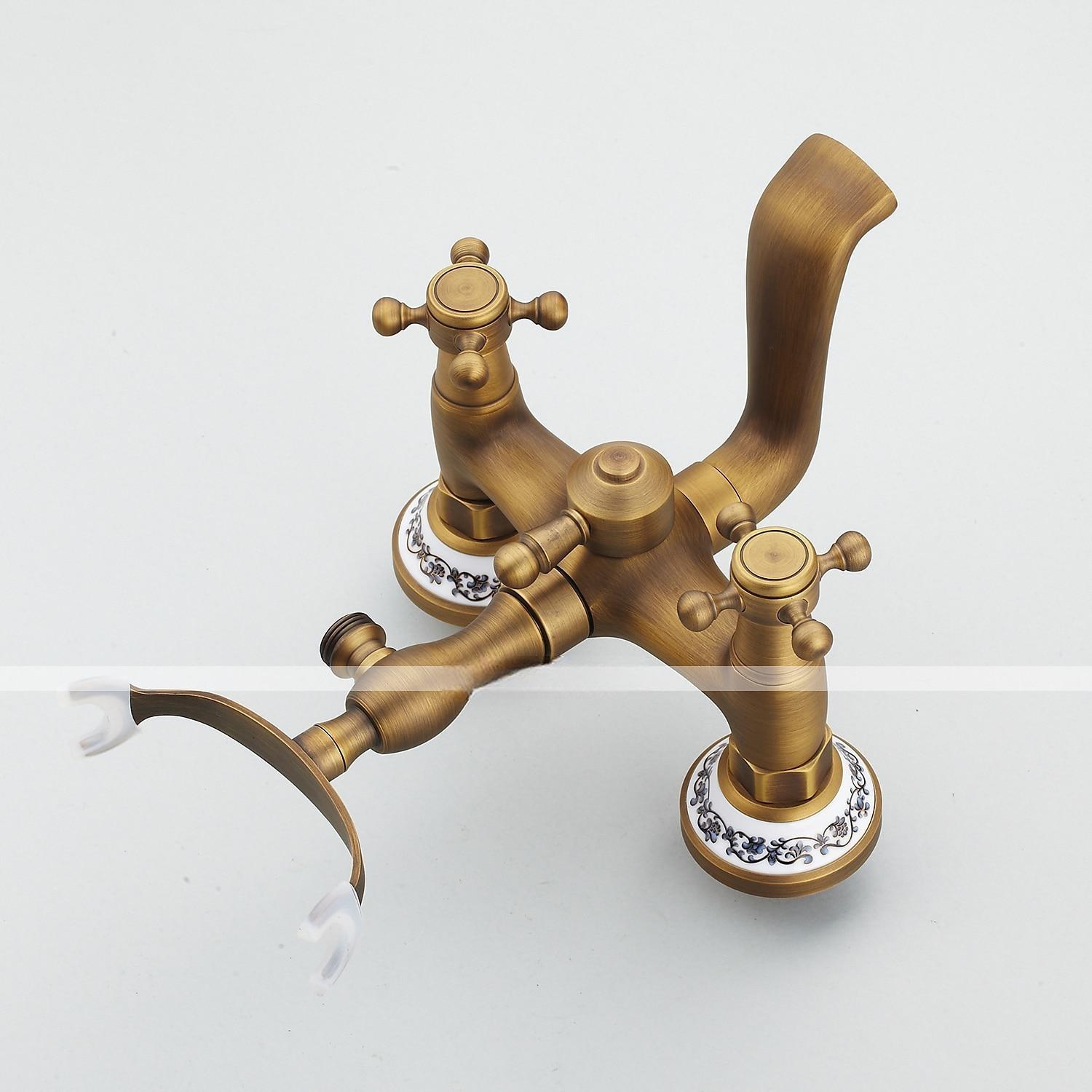 Bathroom Sink FaucetBrass Telephone Shape Wall Installation Widespread Pull-out Country Style Electroplated Copper Finish Two Handles Bathtub Faucet with Handshower and Drain 2025 - CAD $199.99 –P7