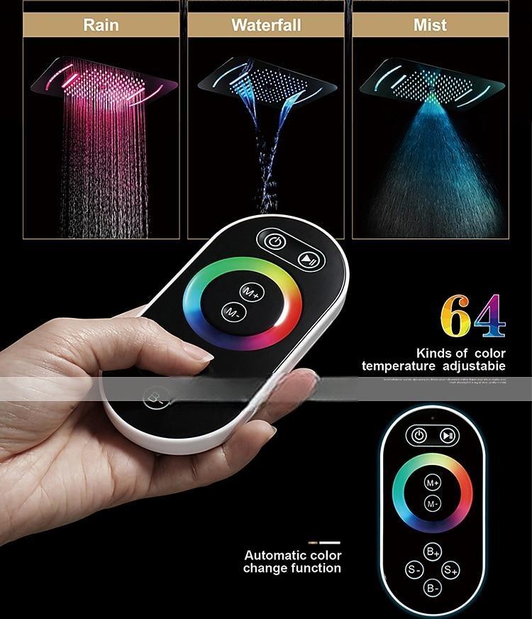 Shower FaucetLED Shower Head Chrome finished 58x38cm SUS304 3 Function Rainfall Waterfall Mist Ceiling Mounted light remote control Shower Faucet 2025 - CAD $558.99 –P3