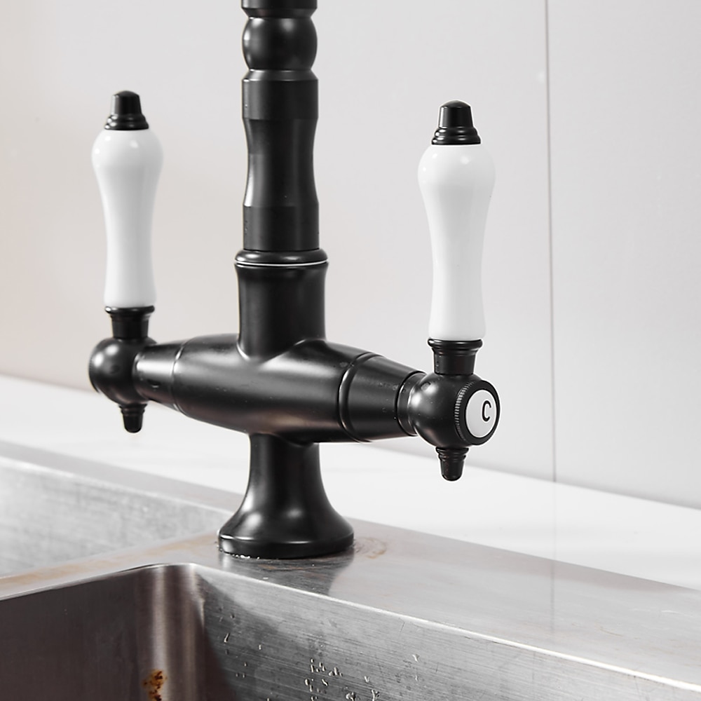 Twin Lever Traditional Kitchen Sink Mixer Taps, Dual Lever Cold and Hot Faucet Deck Mounted, 360° Swivel Spout Sink Tap with 2 Ceramic Handles, Antique Brass Classic Double Handle for Kitchen Bathroom 2025 - CAD $111.99 –P6