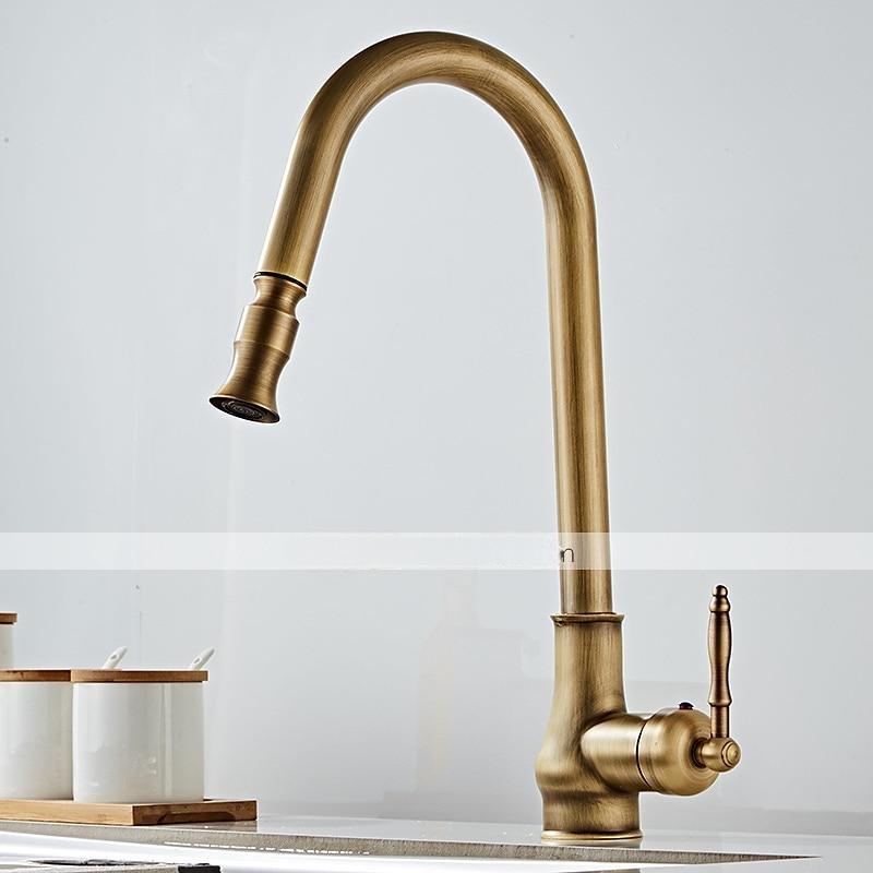 Pull Out Kitchen Faucet Sink Mixer with Sprayer Antique 360° Swivel Single Handle One Hole Pull Down Kitchen Vessel Tap Deck Mounted with Hot and Cold Water Hose 2025 - CAD $167.99 –P9