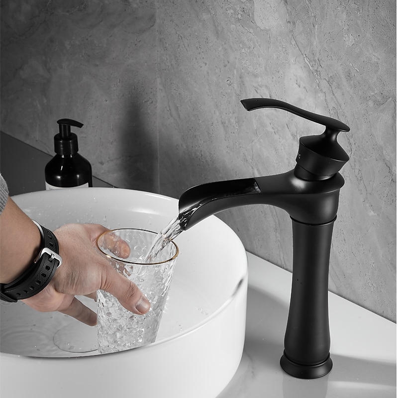 Waterfall Basin Sink Mixer Faucet Black, Tall Bathroom Taps Single Handle One Hole with Hot and Cold Hose Vessel Water Tap Deck Mounted 2025 - CAD $135.99 –P5