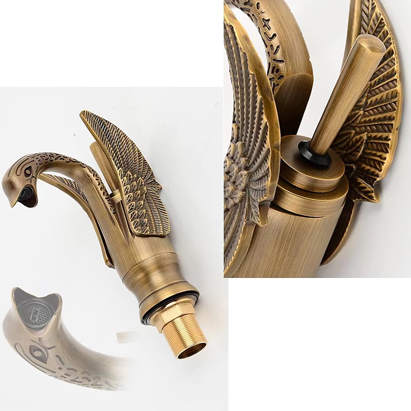 Vintage Bathroom Sink Mixer Faucet Brass Swan Shap, Monobloc Washroom Basin Taps Single Handle One Hole Deck Mounted, Mono Water Vessel Tap Hot and Cold Hose Antique Retro 2025 - CAD $124.78 –P7