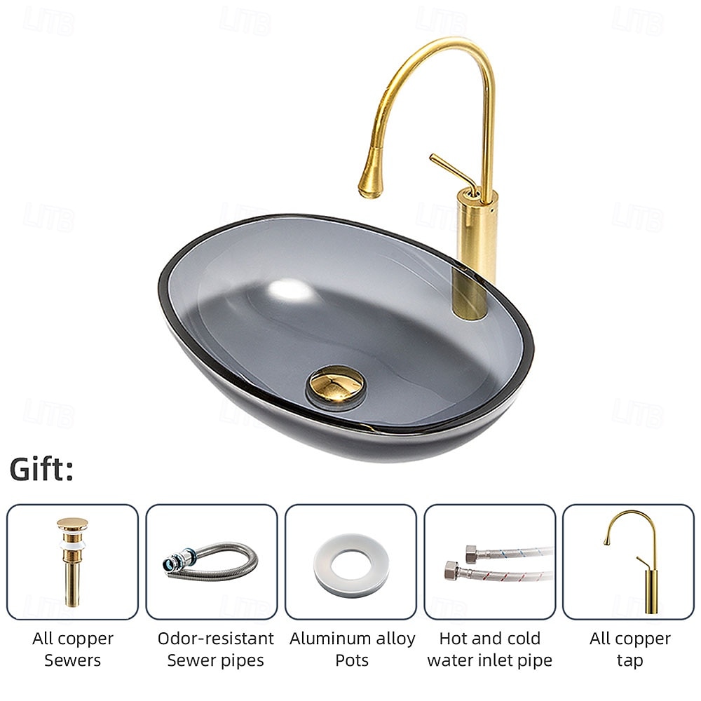 Bathroom Vessel Sink Tempered Glass Wash Basin Bowl Above Counter Art Vessel Sink with Water Drop Faucets and Pop-Up Drain 2025 - CAD $295.99 –P8
